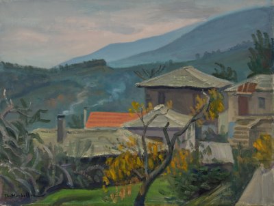 Zagora Houses from the Other Square, Mountains — Oil painting, Canvas, 46.00×61.00cm — Theodoros Markellos